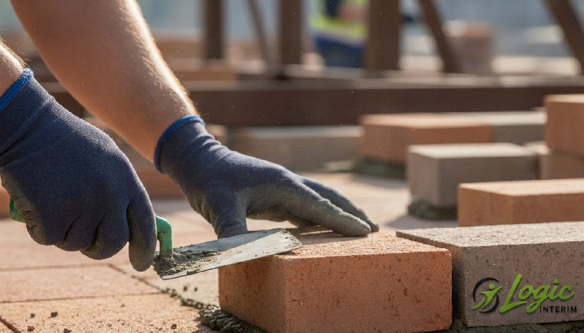 Mains d'un maçon roumain posant des briques avec précision sur un chantier français.