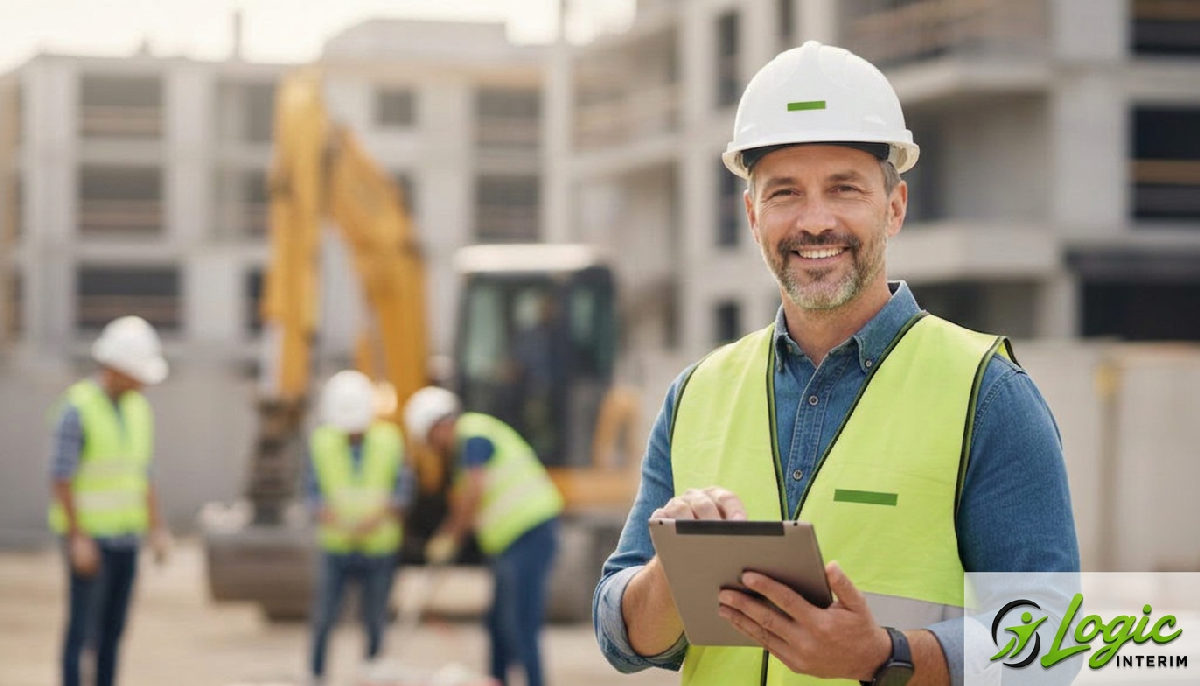 Gestionnaire souriant supervisant les travaux sur tablette, entouré de travailleurs productifs.