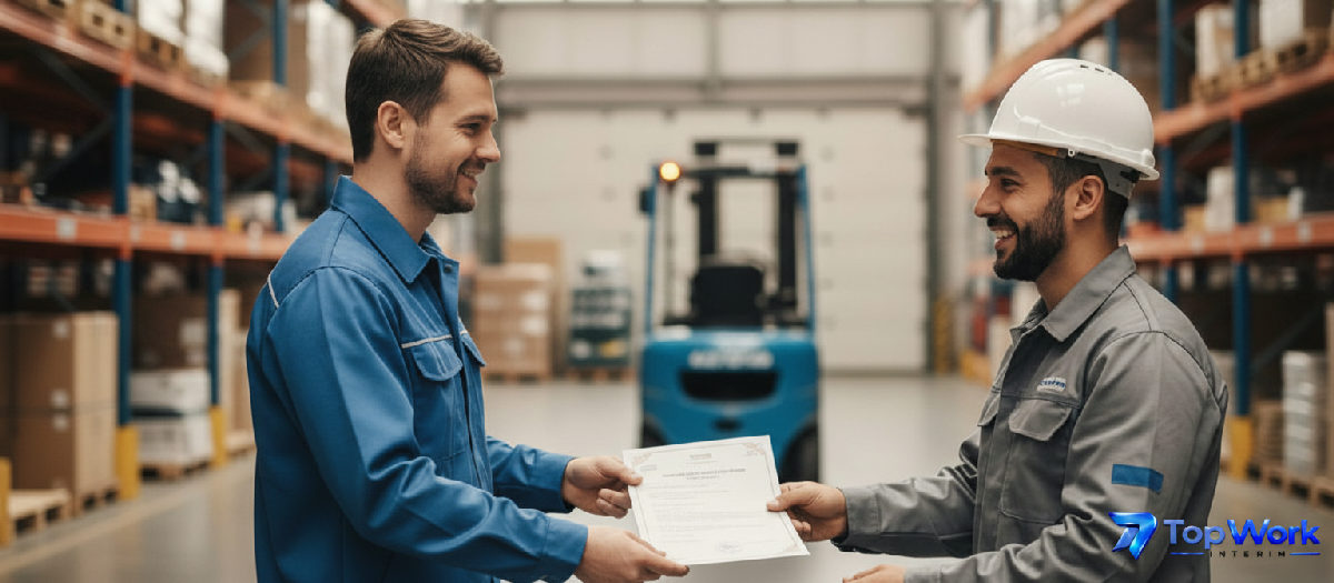 Remise de certificat à un ouvrier roumain souriant.