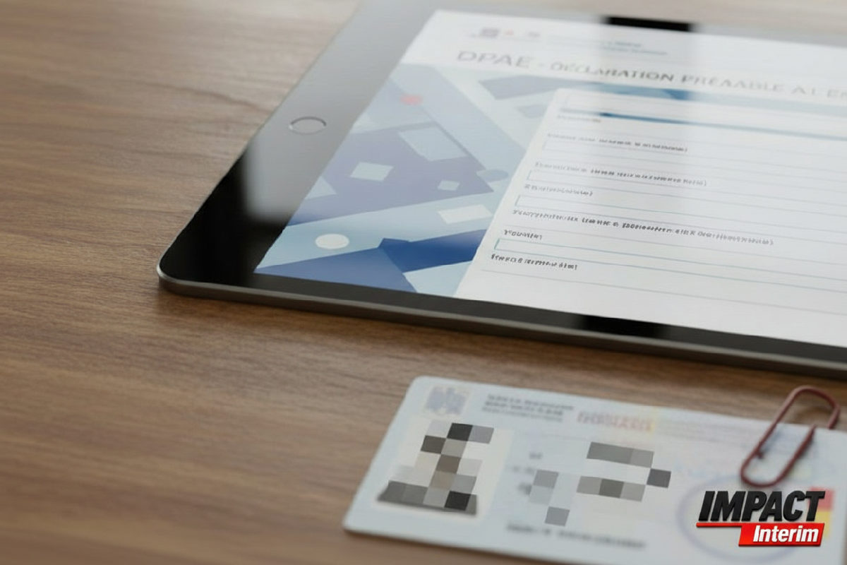 Tablette affichant une DPAE, carte d'identité roumaine à côté.