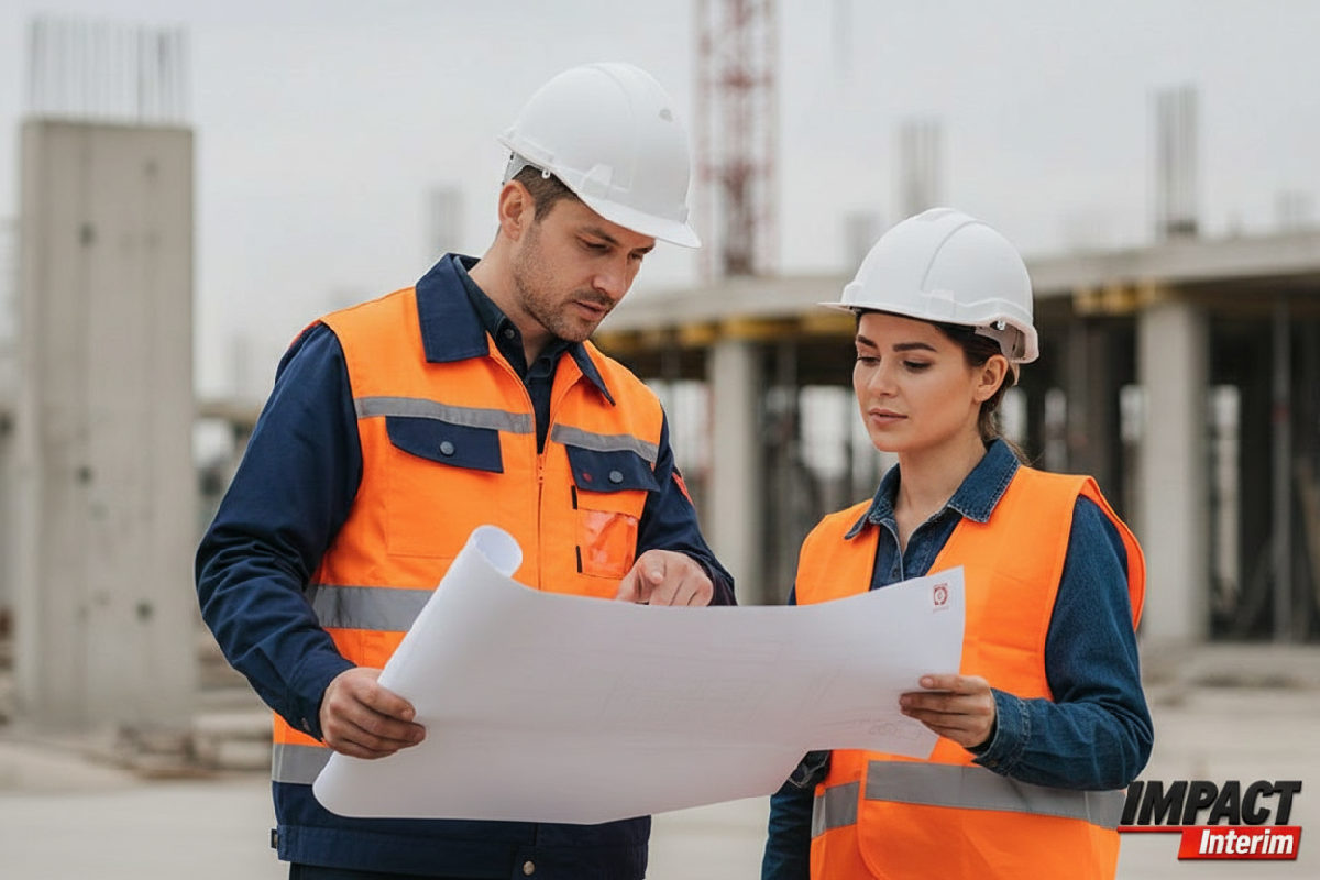 Ingénieur sur chantier vérifiant un certificat et des plans.