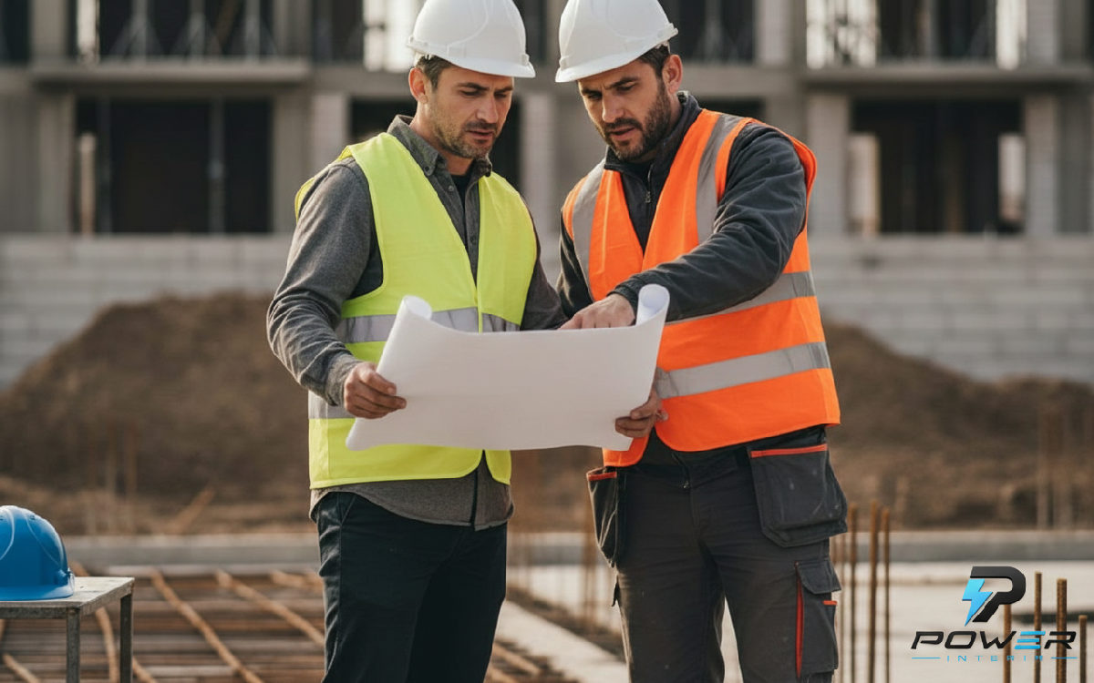 Chef de chantier français et chef d'équipe roumain discutant des plans.