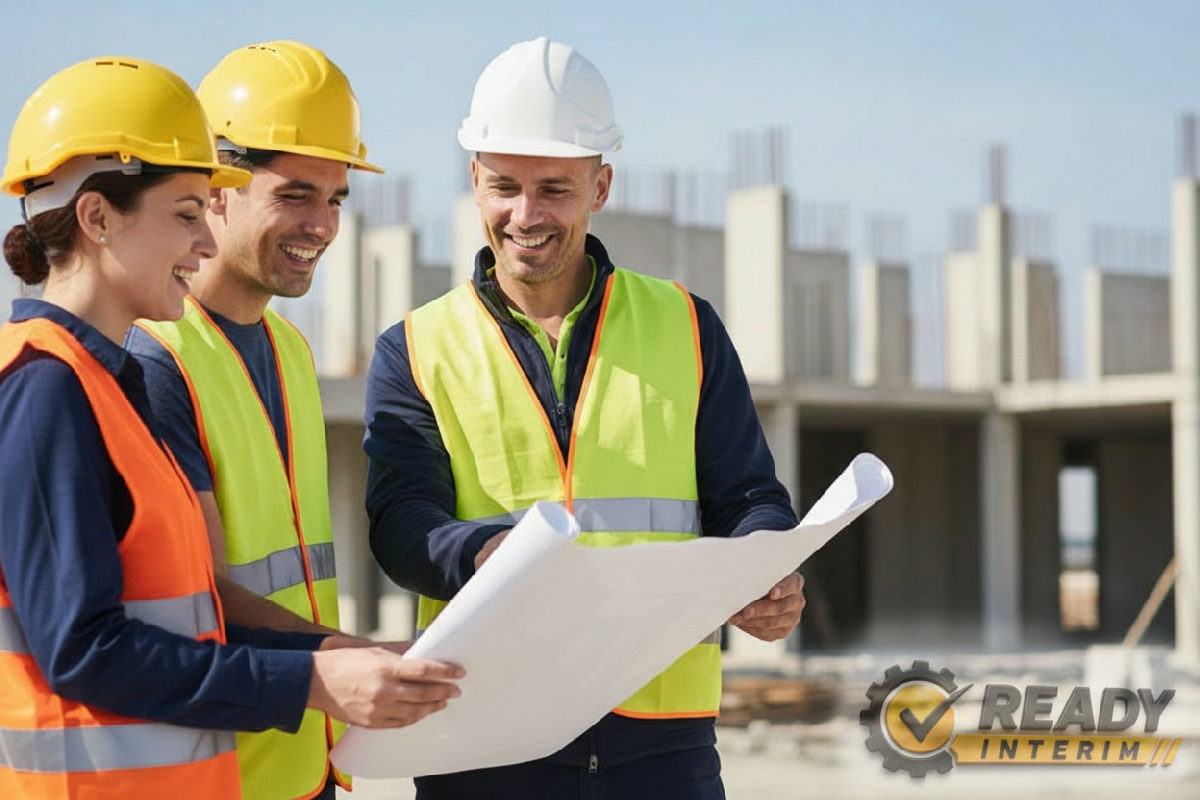 Intérimaires roumains et manager français sur un chantier, ambiance collaborative.