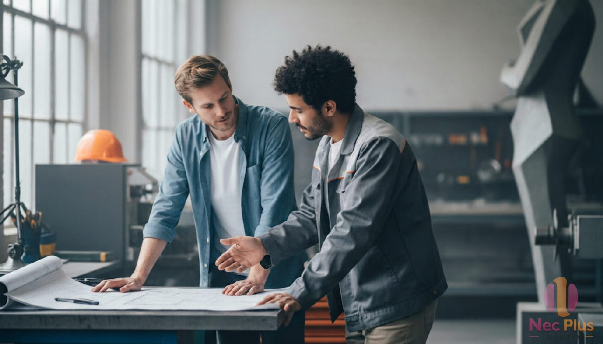 Collègues français et roumain discutant d'un plan technique dans un atelier.
