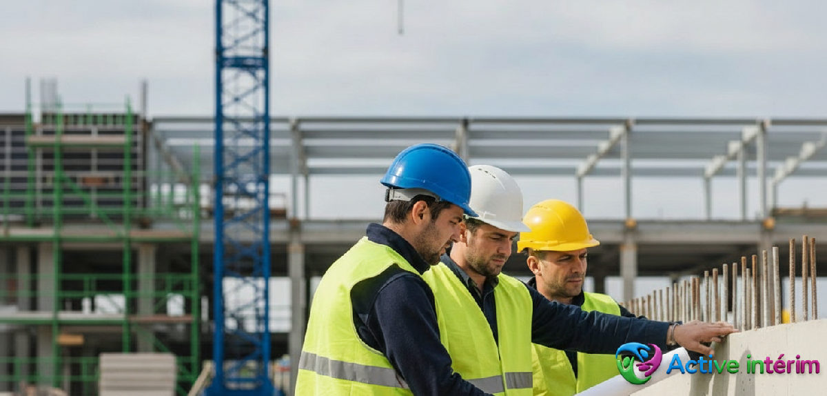 Ouvriers du bâtiment roumains travaillant sur un chantier en France.