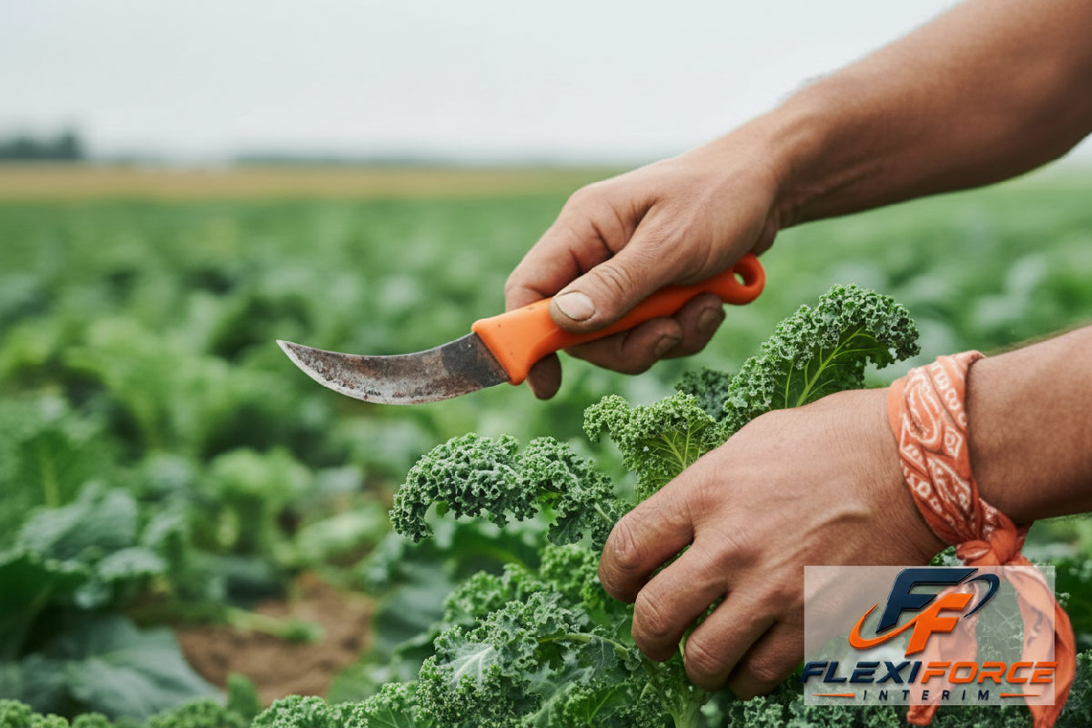 Gros plan sur des mains d'un ouvrier agricole expert récoltant des légumes avec soin, montrant la qualité du travail.