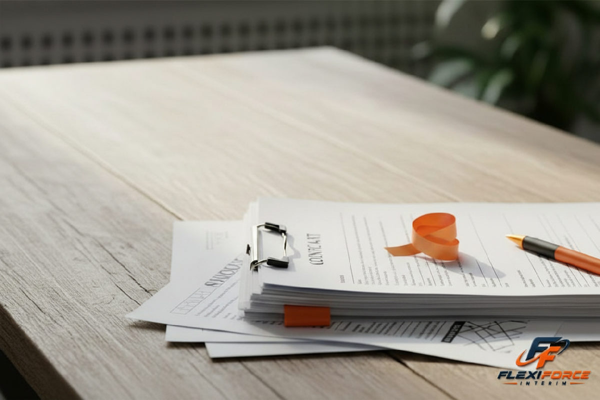 Un formulaire A1 et des contrats de travail officiels posés sur un bureau en bois, symbolisant la légalité et la sécurité administrative.