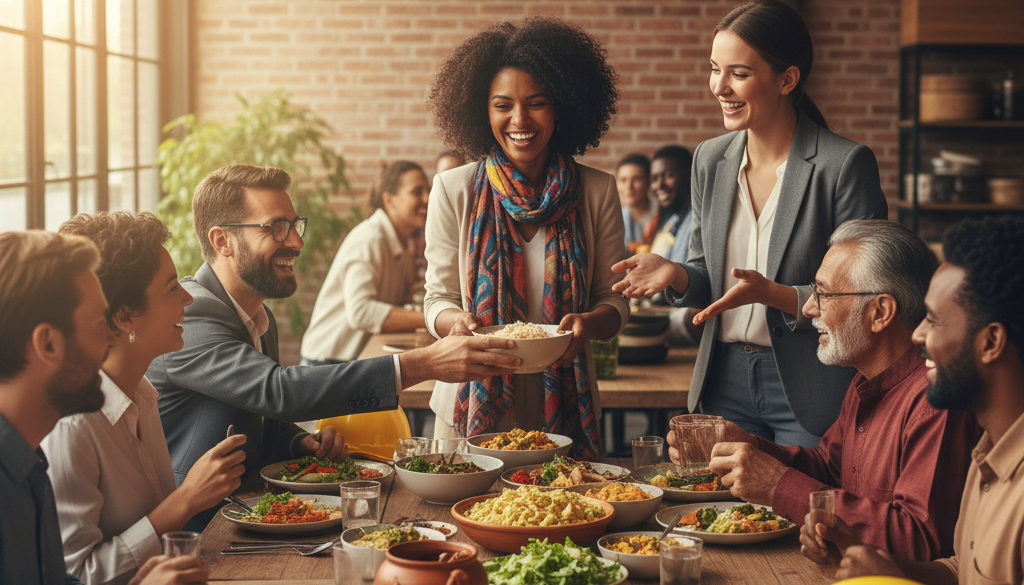 Travailleurs locaux et détachés partageant un repas convivial.