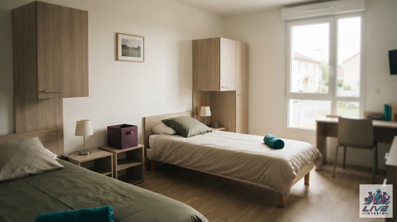Une chambre propre et bien organisée conforme aux standards français pour travailleurs.