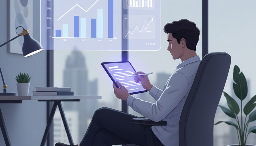 Person editing AI text on tablet with business growth graphs.