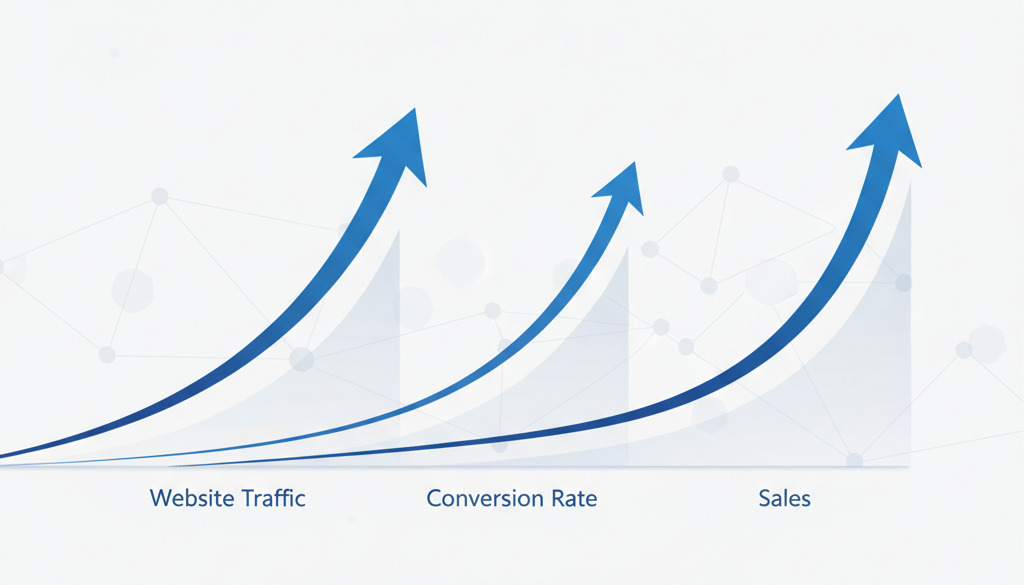 Growth charts showing increases in traffic, conversions, and sales.