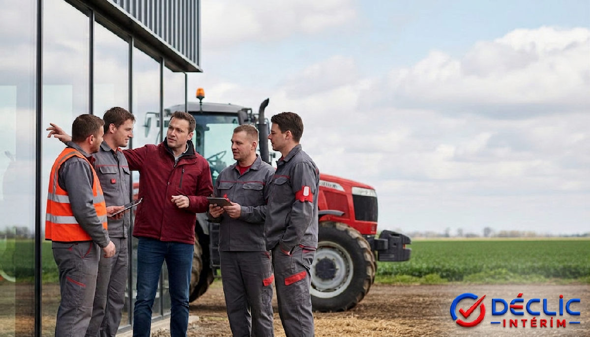 Travailleurs agricoles discutant avec leur superviseur près d un bâtiment.