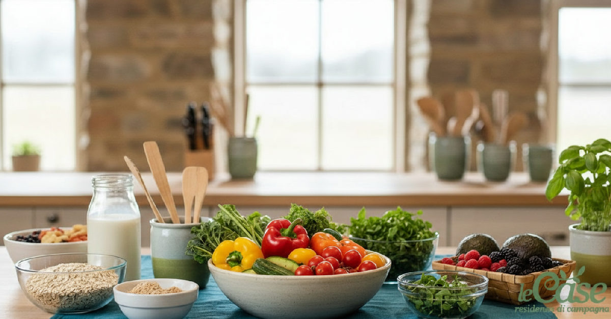 Cucina ordinata con ingredienti biologici freschi per la sicurezza alimentare.