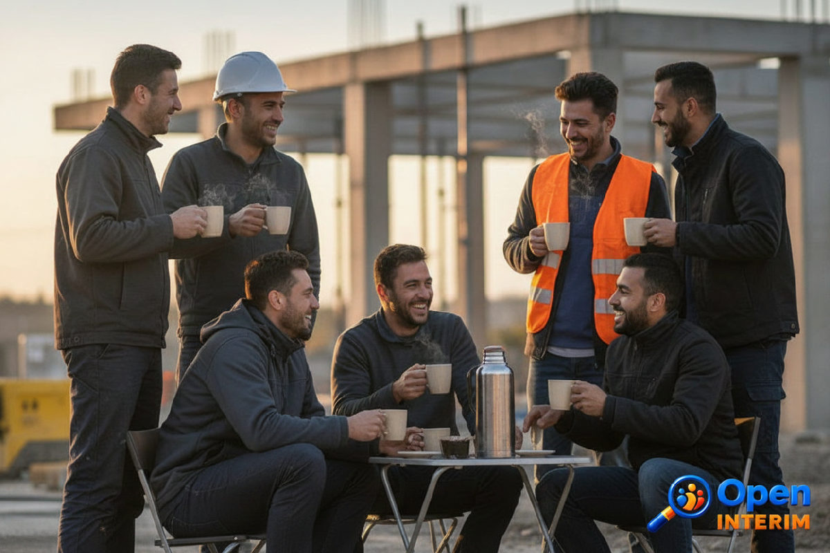 Équipe de construction multiculturelle en pause café.