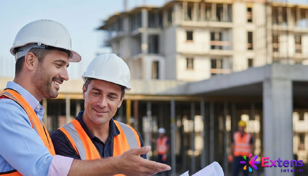 Chef de chantier français et ouvrier roumain discutant d'un plan.