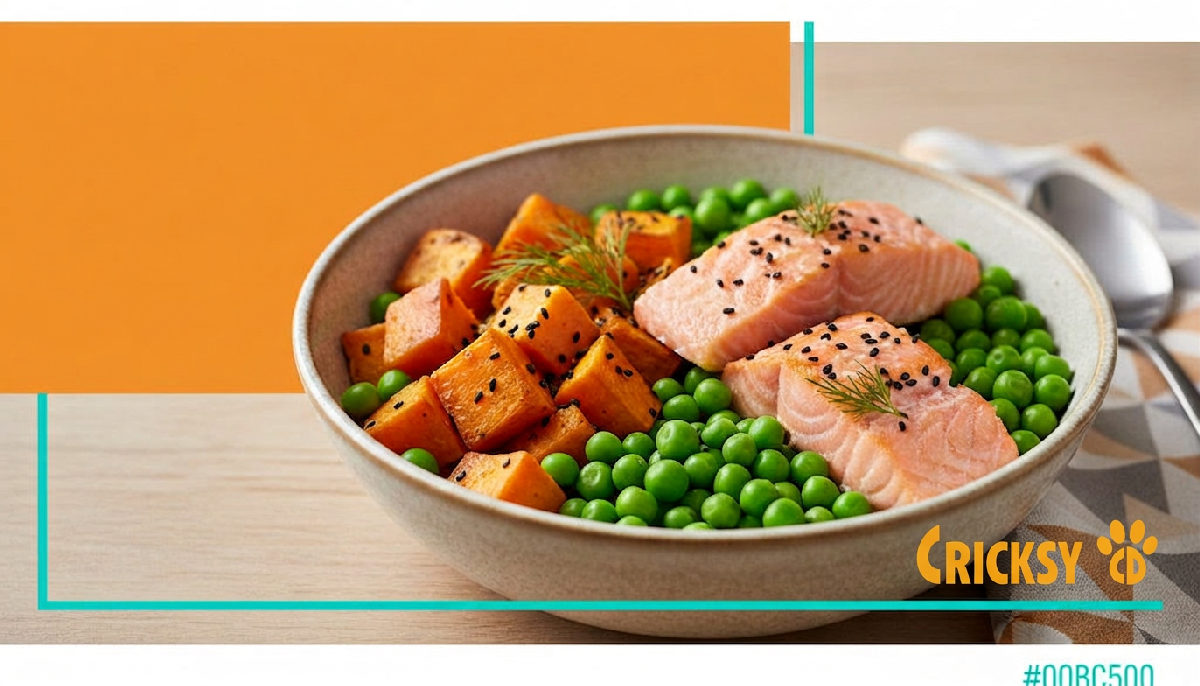 Nahaufnahme von Süßkartoffeln, Lachs und Erbsen in einer Schüssel.