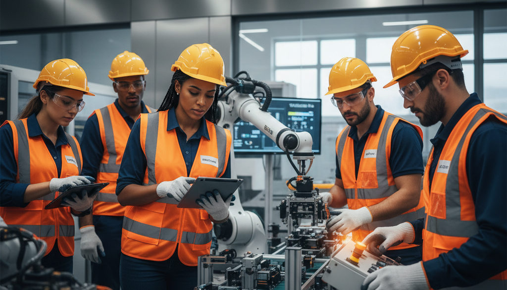 Travailleurs divers, y compris roumains, sur une ligne de production industrielle.
