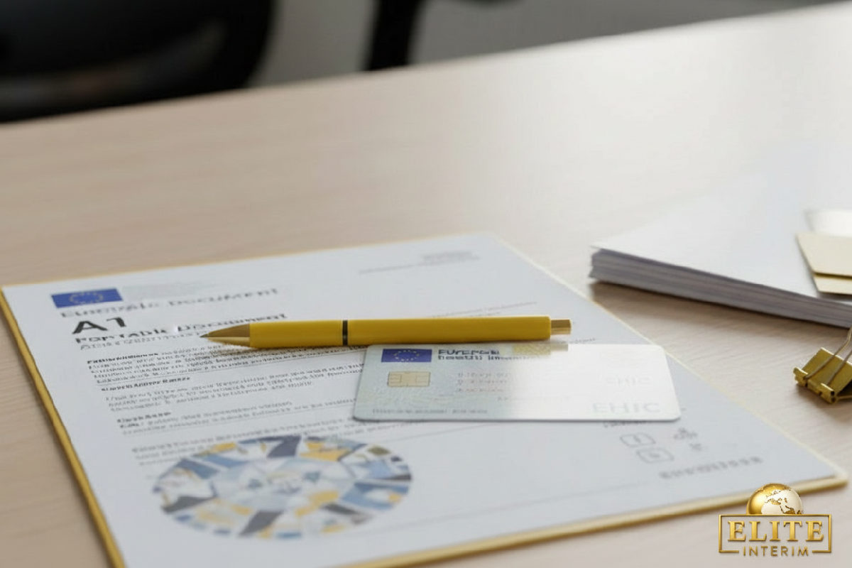 Formulaire A1 européen et carte d'assurance maladie sur un bureau.