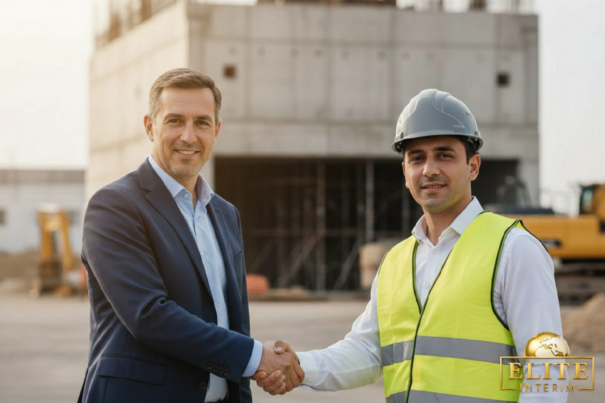 Professionnels français et bulgare se serrant la main sur site industriel.