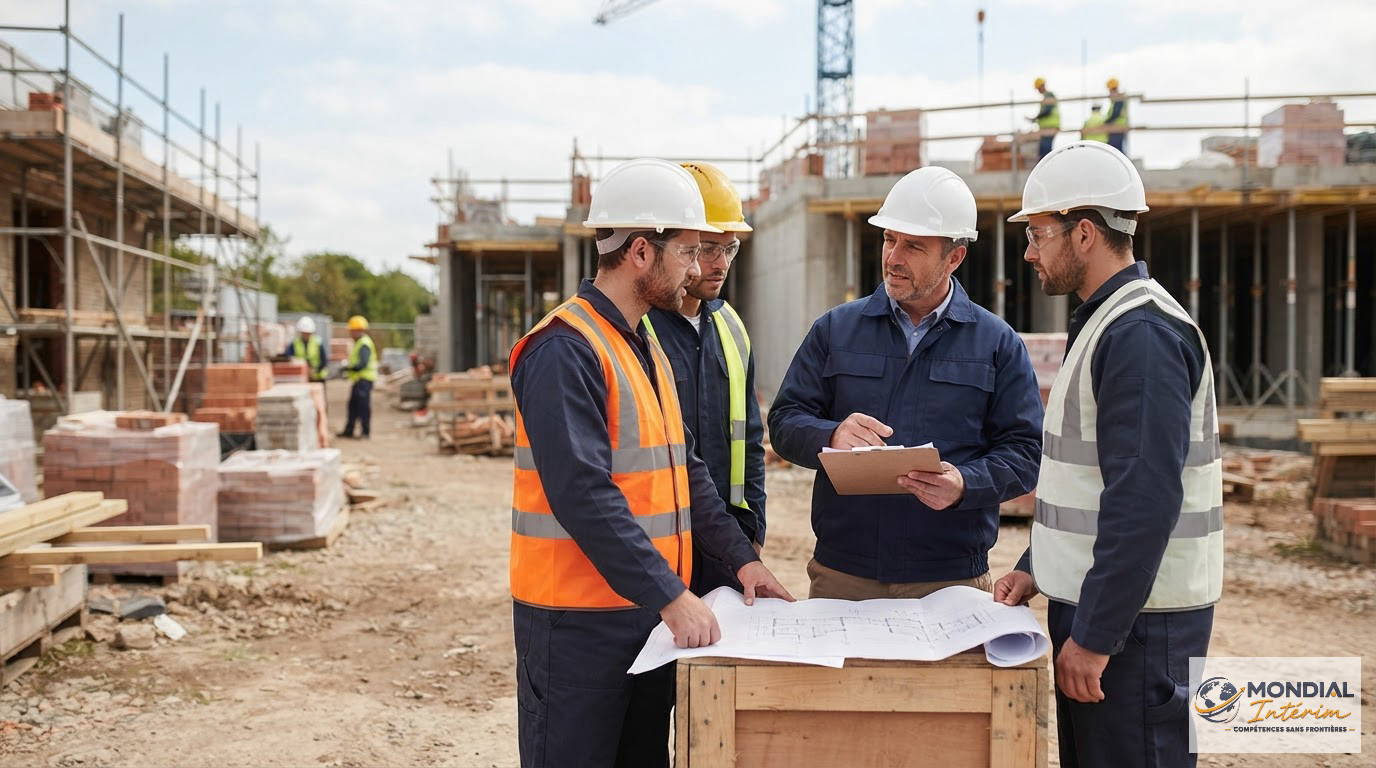 Ouvriers intérimaires en EPI échangeant avec leur chef sur un chantier.