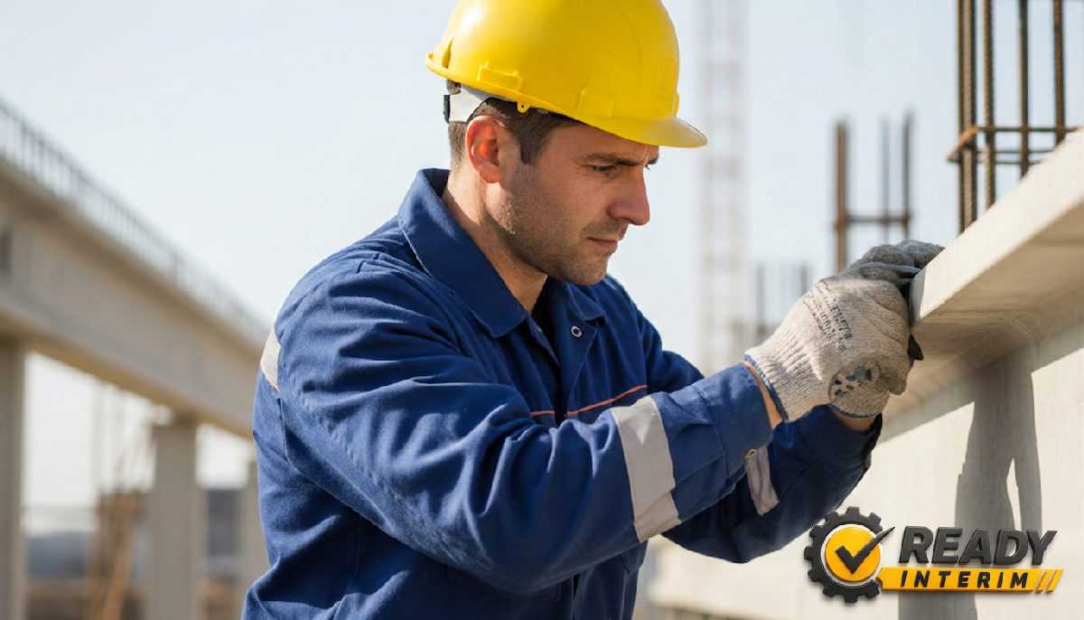 Ouvrier qualifié en action sur un chantier, portant équipement de sécurité.