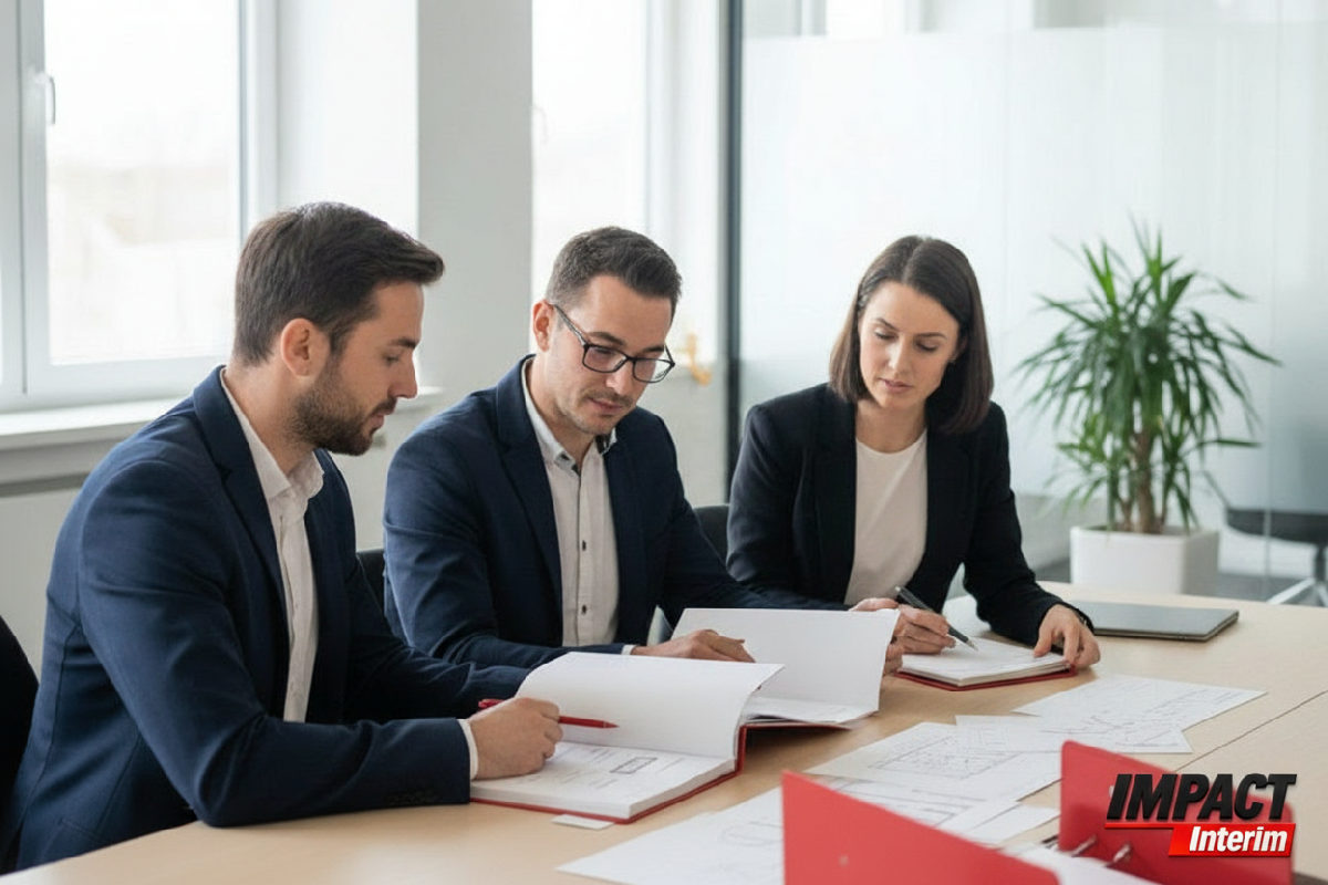 Consultants en recrutement examinant des dossiers de travailleurs pour le BTP.