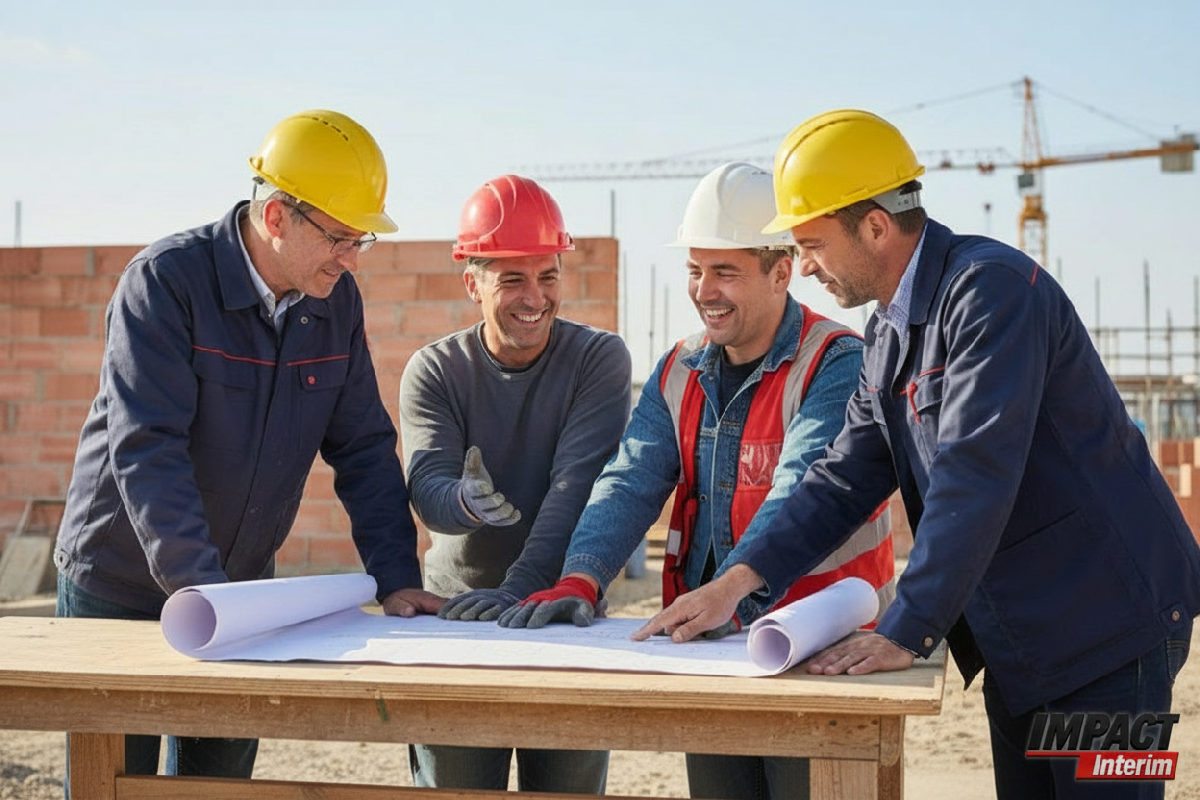 Maçons roumains et chefs de chantier discutant d'un plan de construction.