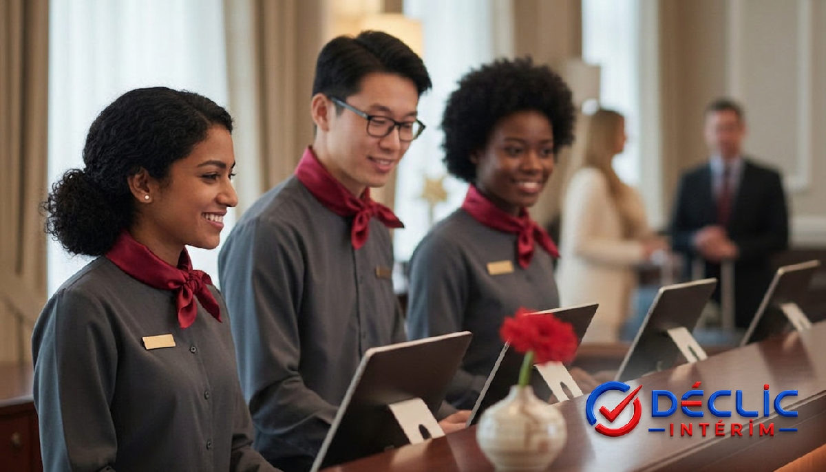 Personnel souriant et diversifié à la réception d'un hôtel animé.