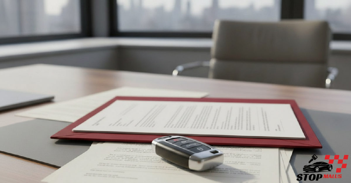 Bureau avec documents officiels et clé de voiture de sport.