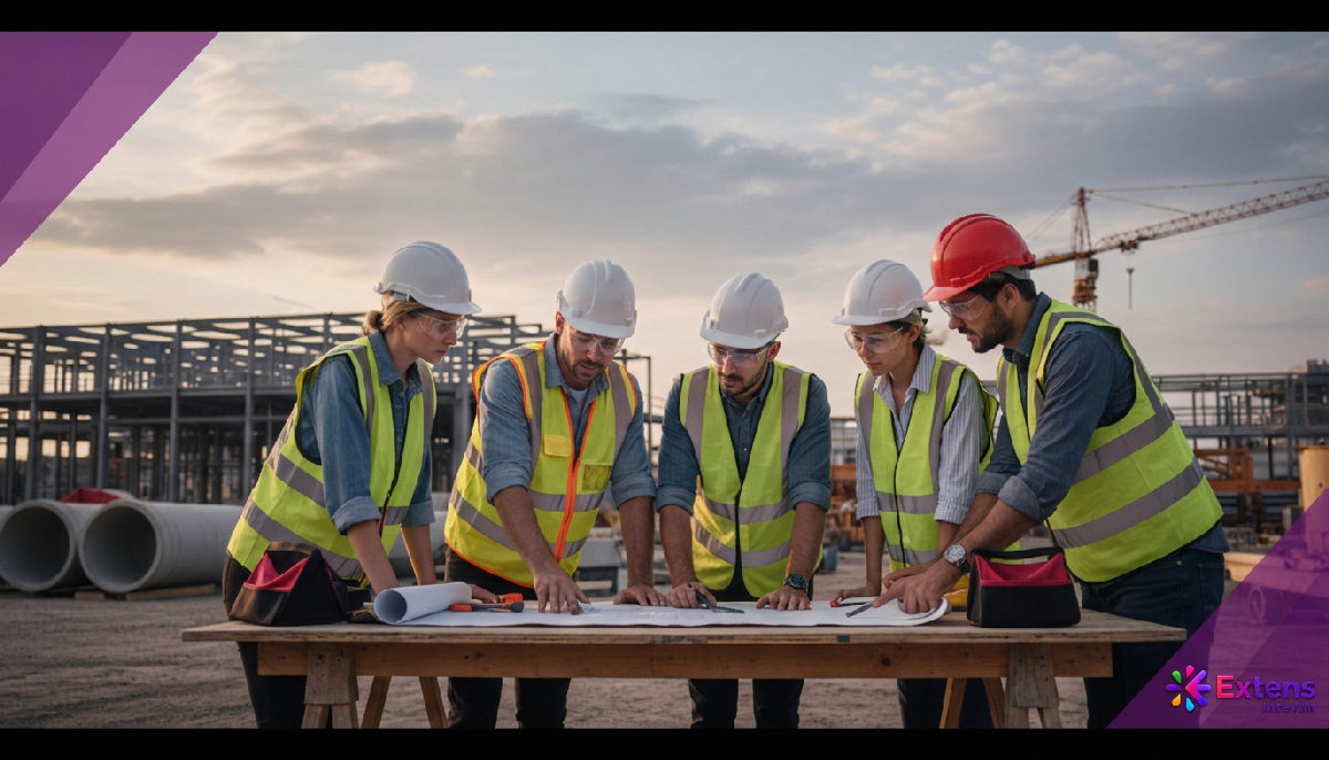 Équipe diversifiée d'ouvriers examinant des plans sur un chantier.