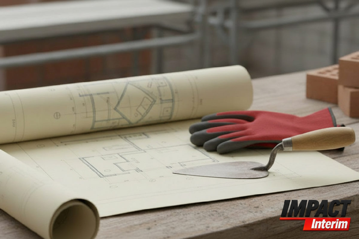 Plan de maçonnerie, truelle et gants sur un chantier.