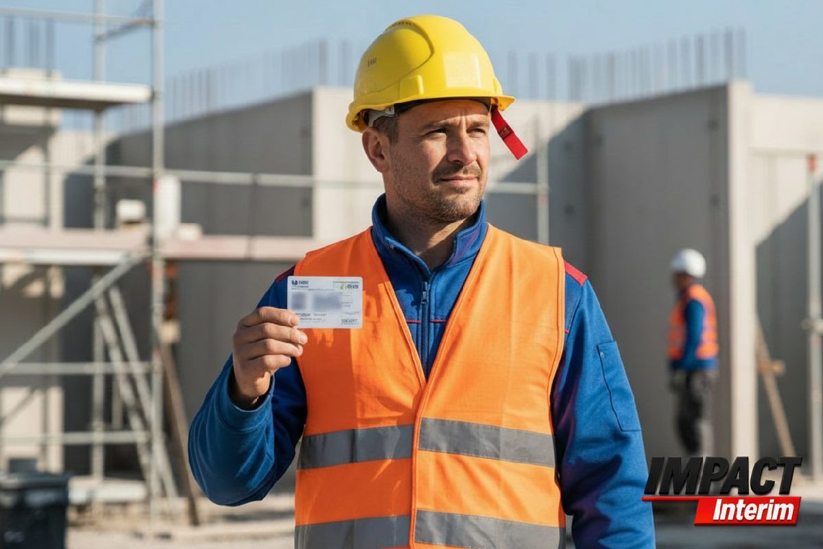 Ouvrier qualifié avec carte BTP sur un chantier français.