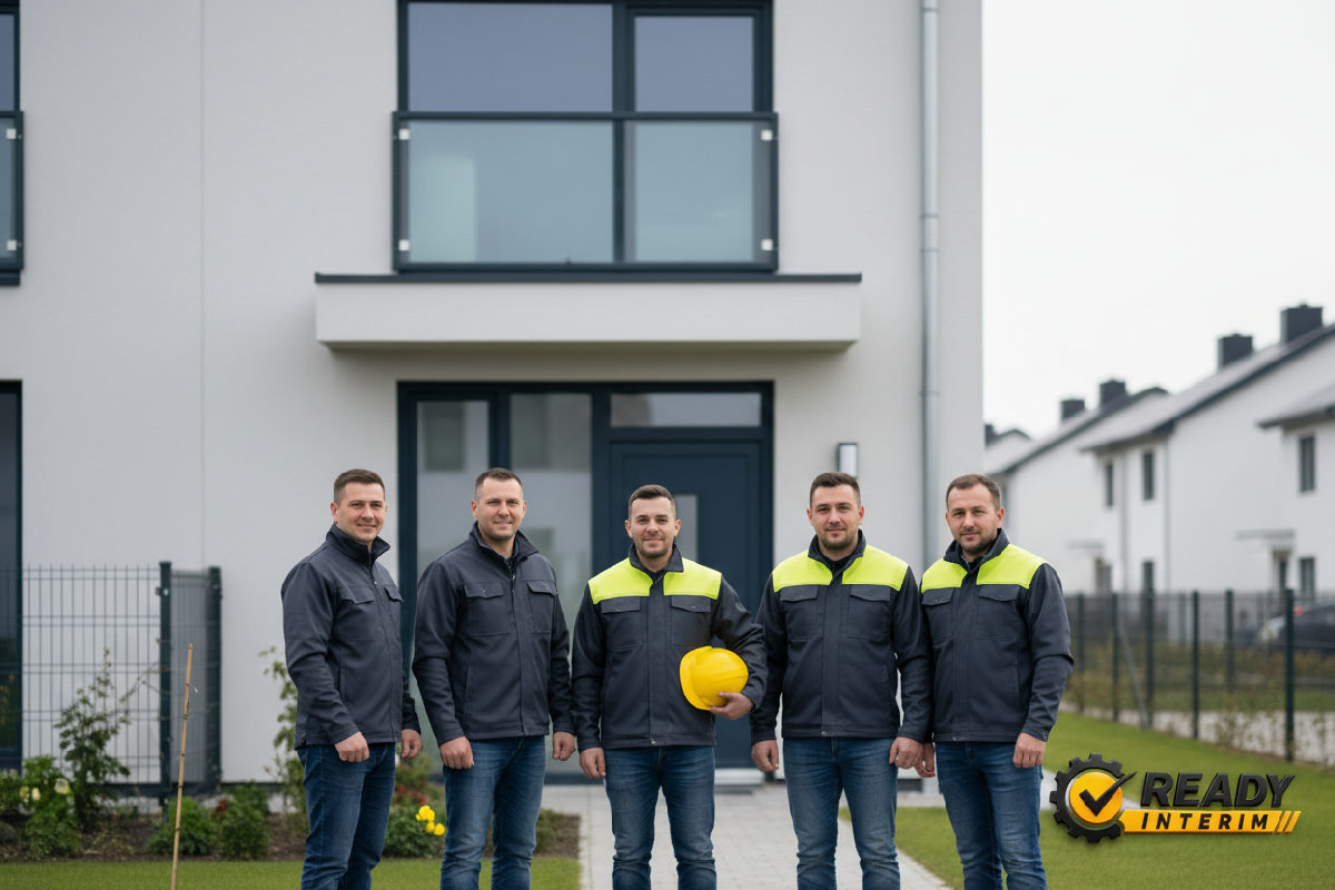 Intérimaires roumains devant un logement moderne et propre.