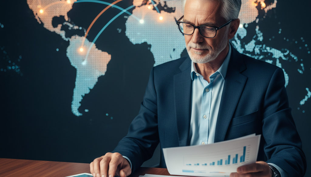 Professionnel âgé consultant des documents de retraite avec une carte du monde.