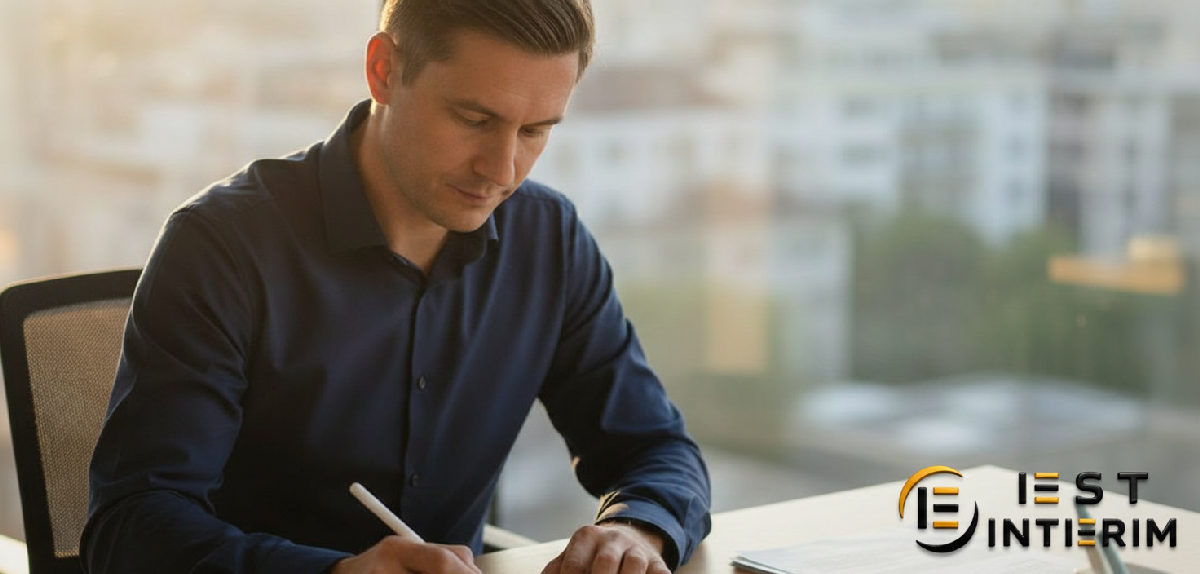 Responsable RH français signant un contrat de service électronique.