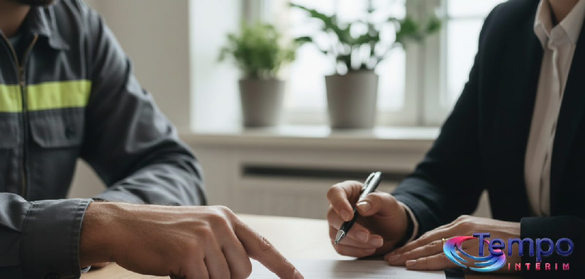 Travailleur roumain lisant attentivement son contrat d'intérim.