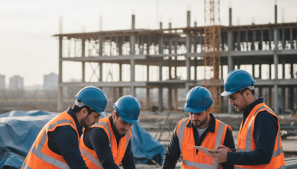 Équipe de techniciens collaborant sur un chantier de construction.
