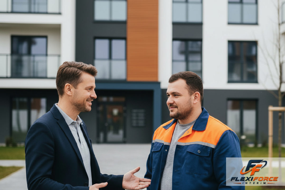 Manager français et ouvrier roumain devant une résidence.