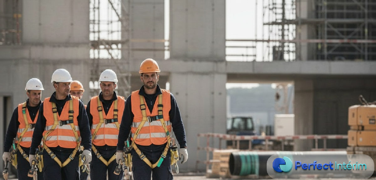 quelle assurance pour salariés détachés roumains - Travailleurs roumains en tenue de sécurité sur un chantier en France.