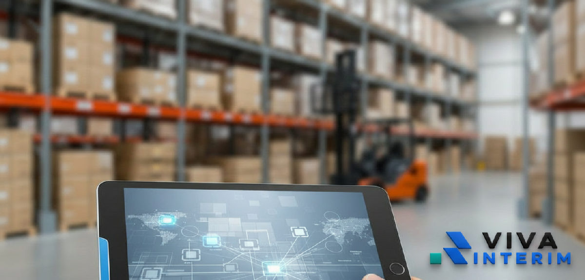 Tablette affichant des données logistiques, entrepôt en arrière-plan.
