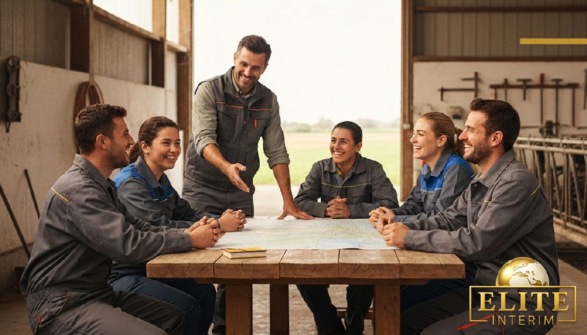 Briefing fructueux entre un agriculteur et ses joyeux travailleurs roumains.