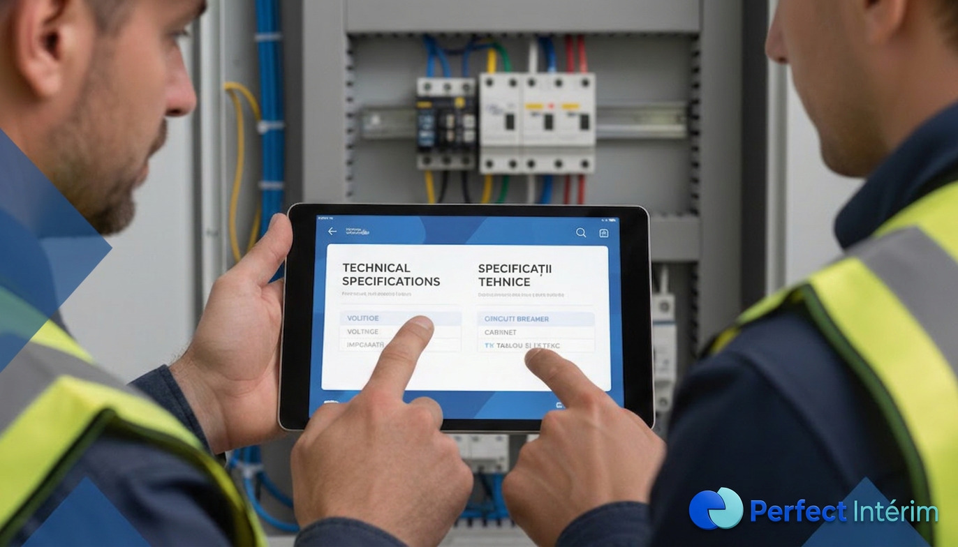 Traduction sur tablette pour discuter de composants électriques sur un chantier.
