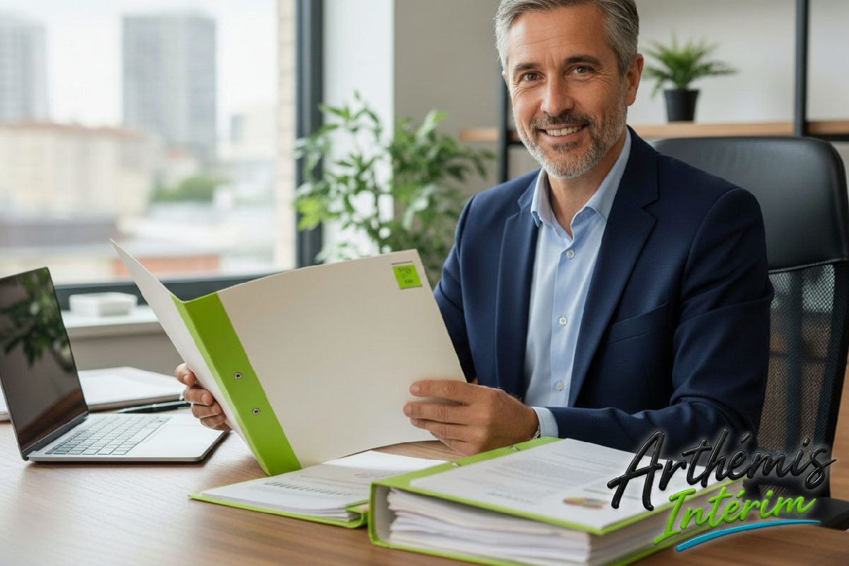 Responsable RH examinant un dossier d'intérimaires roumains chez Artheimis Interim.