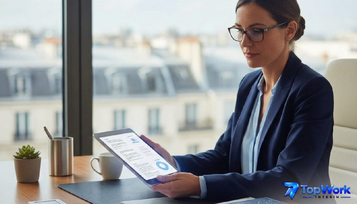 Manager RH en France examinant des documents avec une tablette numérique.