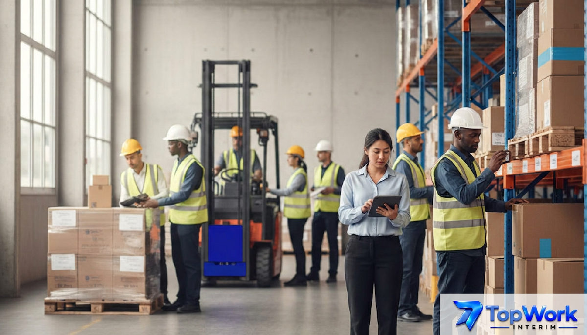 Entrepôt logistique moderne en France avec une main-d'œuvre diversifiée.