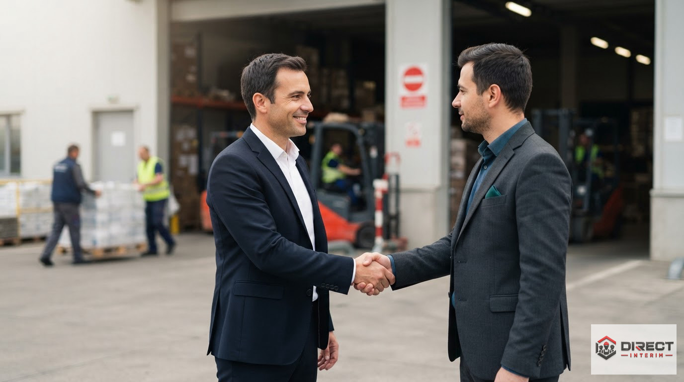 Poignée de main entre deux cadres devant un entrepôt logistique professionnel.