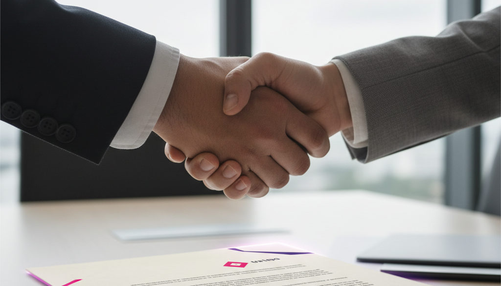 Poignée de main sur un contrat, symbolisant un partenariat de recrutement international.