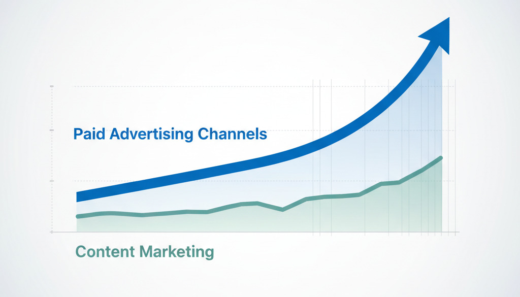 Grafiek toont stijgende advertentiekosten versus stabiele kosten voor contentmarketing.
