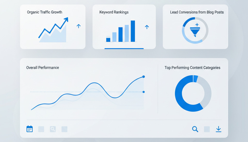 Contentmarketingdashboard toont belangrijke prestatie-indicatoren en groei.