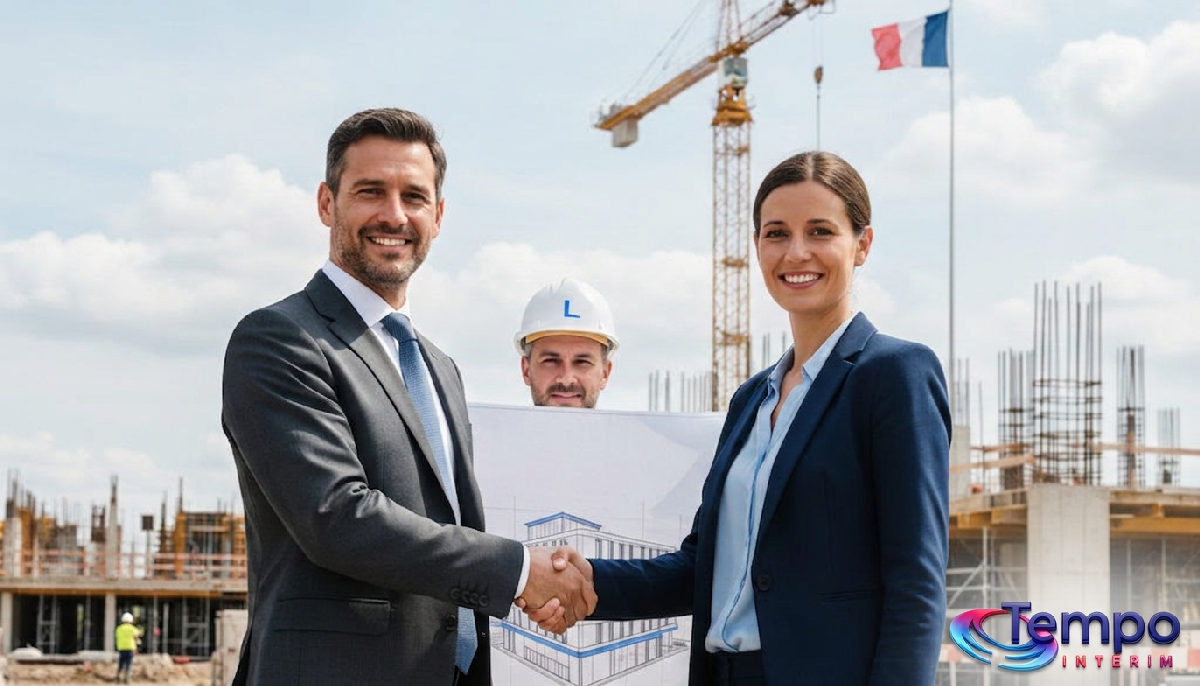 Professionnels se serrant la main devant un chantier en France, symbolisant un partenariat réussi.